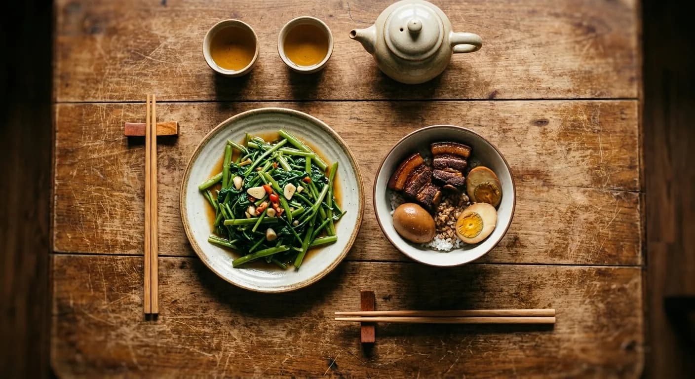 Two shared dishes and a pot of tea on a small scratched wooden table with two sets of chopsticks