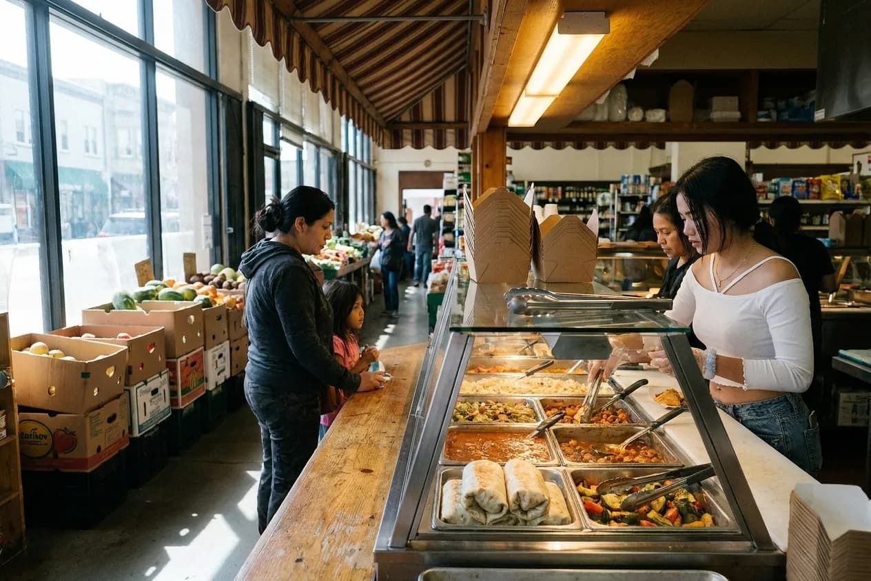 A small San Francisco corner market hot case with trays of prepared food, stacked takeaway containers and produce boxes alongside