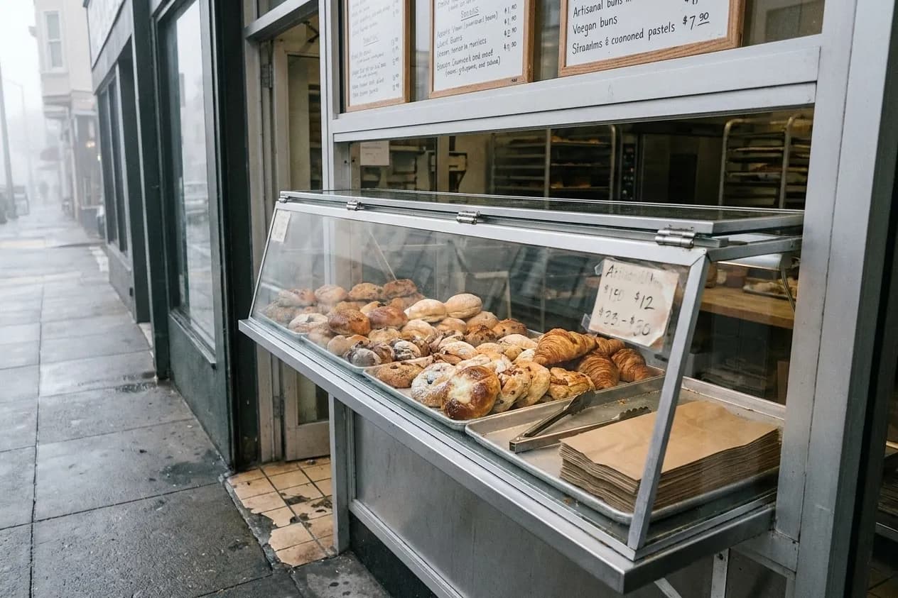 A narrow San Francisco bakery takeaway counter of buns and pastries behind glass, with paper bags and tongs on a stainless tray