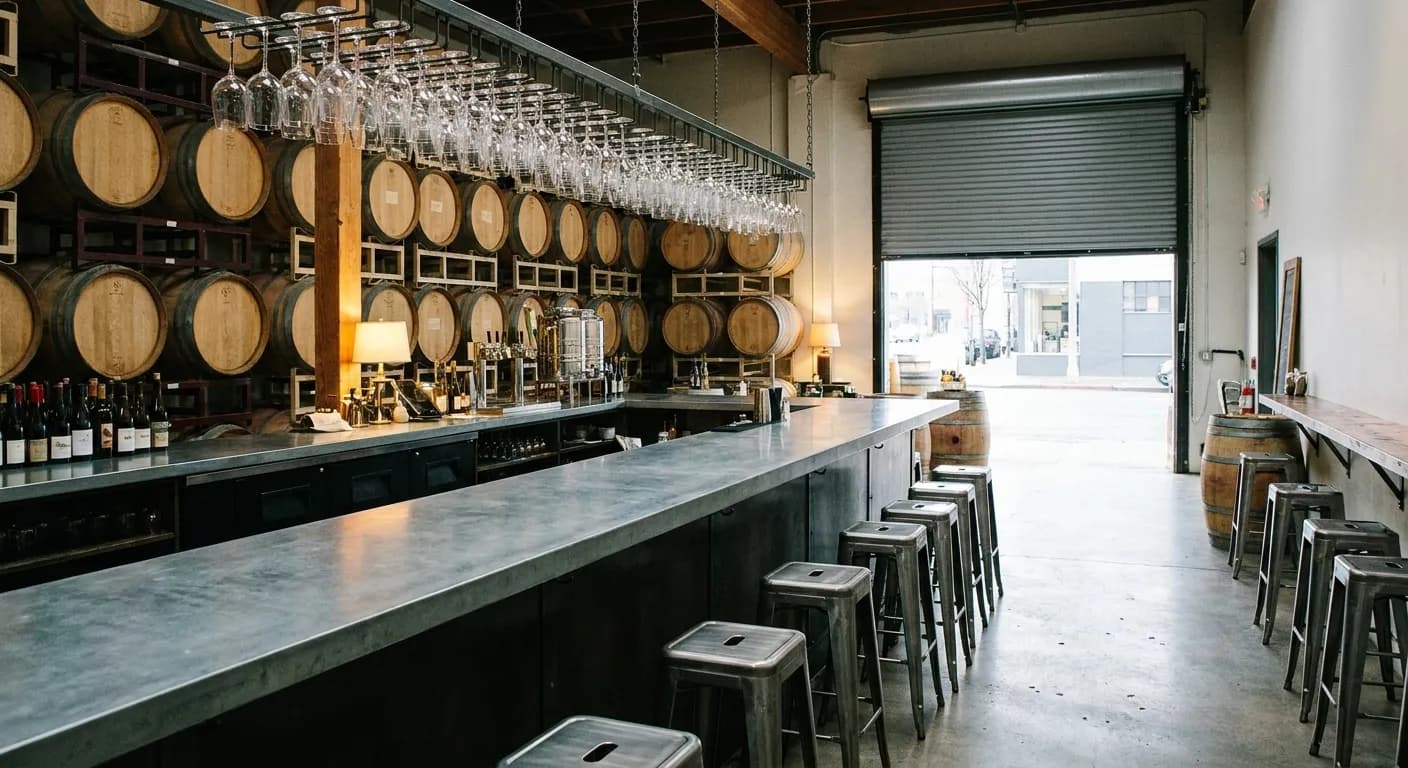 A converted-warehouse tasting room with a zinc-topped bar, stacked oak barrels behind it and stemware hanging overhead