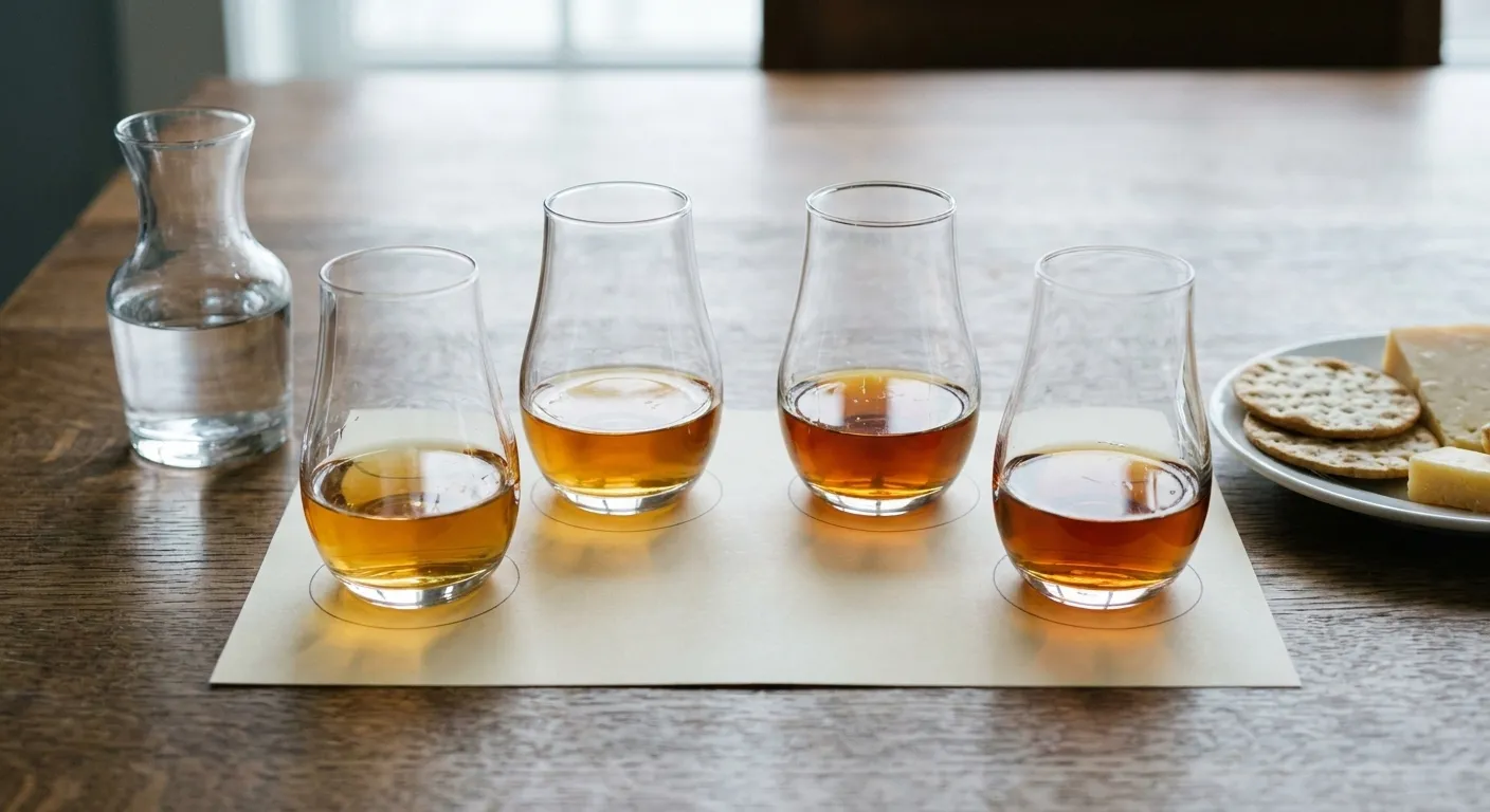 A flight of four wine glasses in a shallow arc with a water carafe, blank tasting mat and a plate of crackers in cool window light
