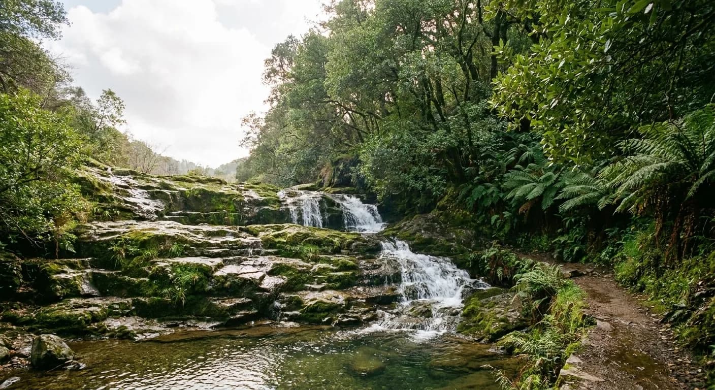 A stepped cascade running down mossy rock ledges into a pool, framed by bay laurel and ferns on a damp canyon trail