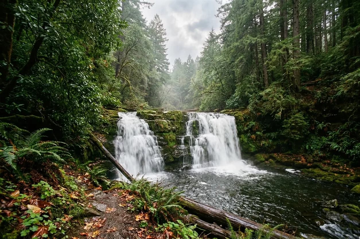 A stepped waterfall dropping through mossy rock ledges into a dark pool in a Northern California coastal forest, with bay laurel and fir crowding the banks and ferns along the wet trail