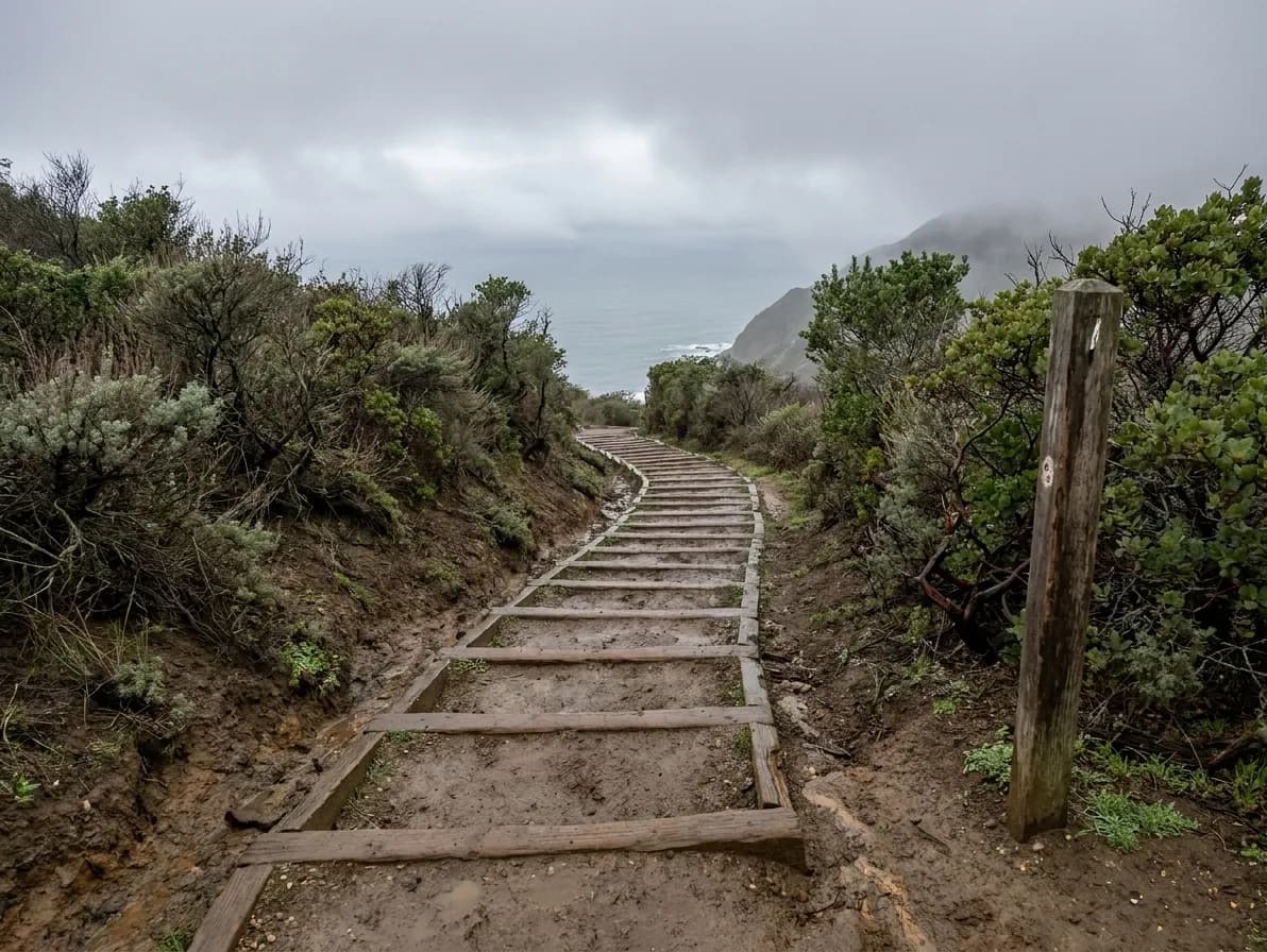 A steep eroded trail climbing through coastal scrub in Marin County, log-edged steps cut into a muddy slope with wind-bent shrubs and a wedge of grey Pacific visible far below