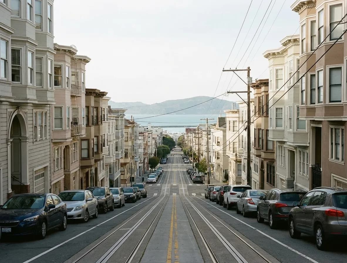 A steep San Francisco street dropping away between parked cars, with tracks and overhead wires and a band of bay water closing the view