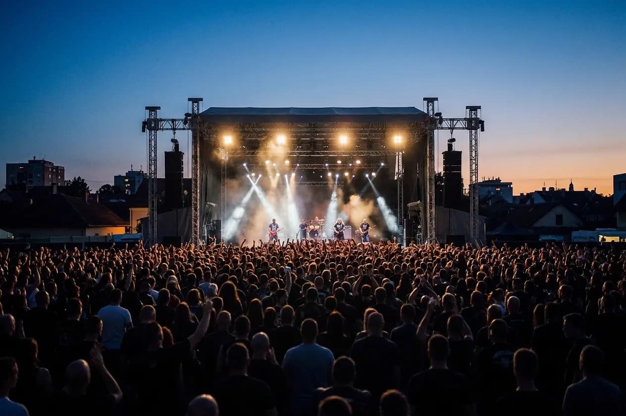 A dense silhouetted crowd at an outdoor concert at dusk, facing a lit stage rig with haze in the beams and city rooftops beyond