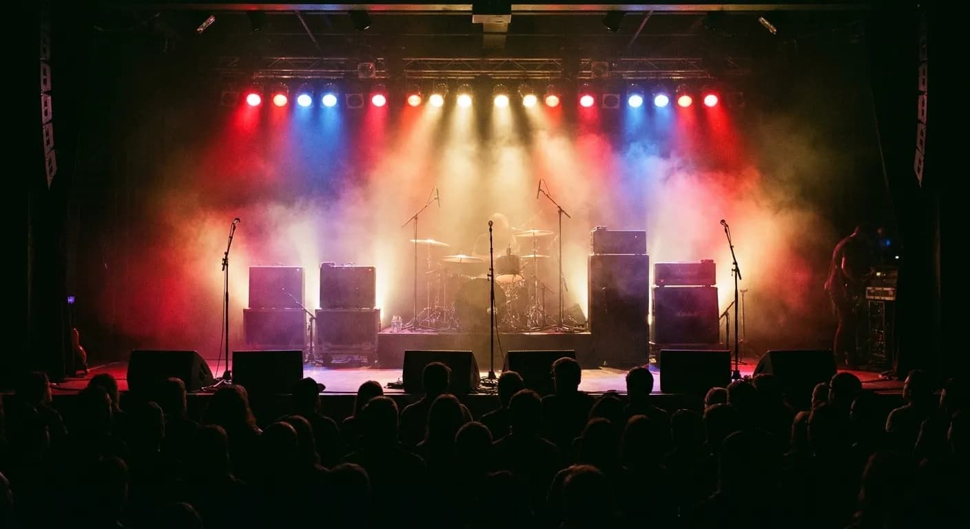 A mid-sized venue stage in silhouette against coloured backlight with haze in the beams and monitor wedges along the stage lip