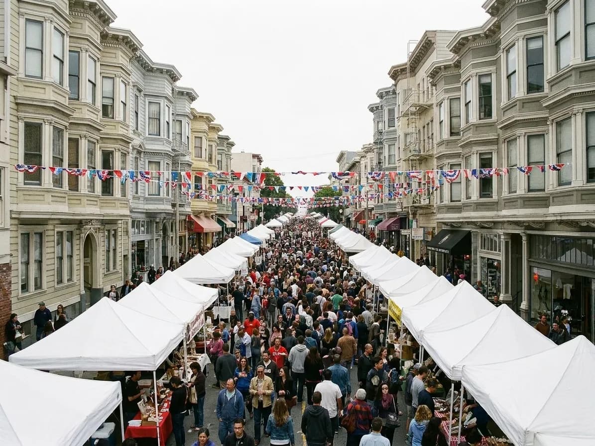 A closed San Francisco street packed with people between rows of white canopy stalls, with Victorian facades rising on both sides