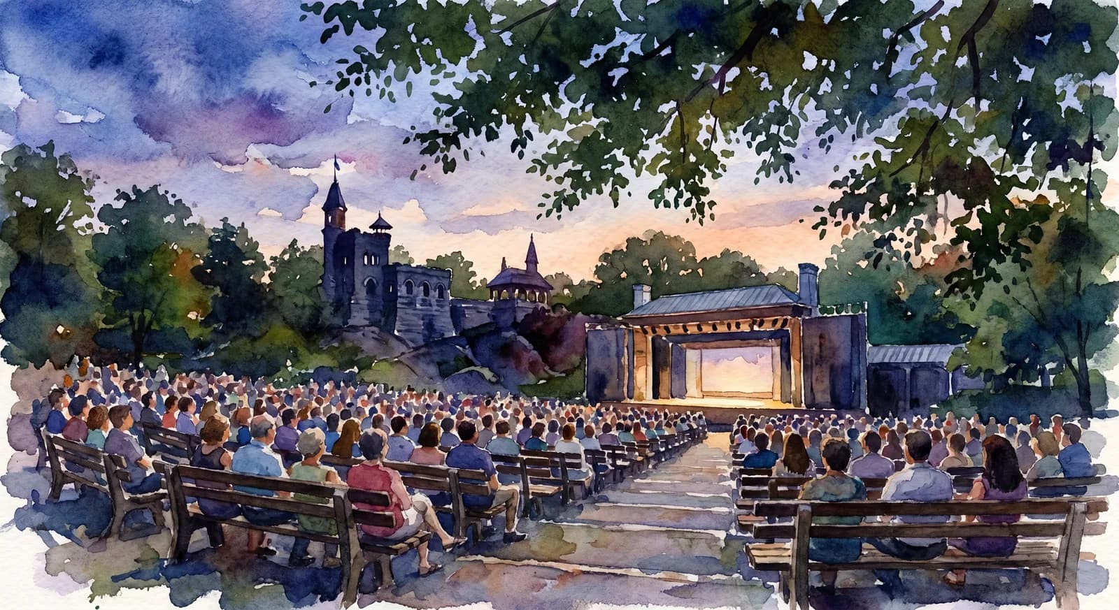 AI-generated watercolor: the Delacorte Theater open-air amphitheater in Central Park at twilight, audience seated facing the stage, Belvedere Castle silhouette in the background