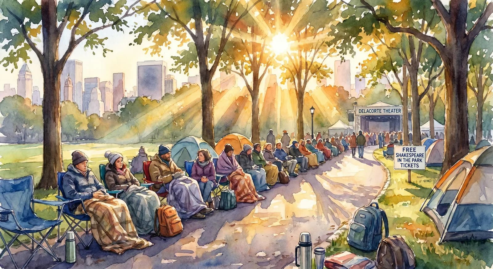 AI-generated watercolor: a queue of people in folding chairs and blankets along a Central Park path at dawn waiting for free Shakespeare in the Park tickets, morning sun coming through the trees