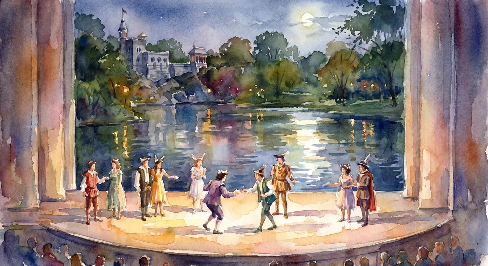 AI-generated watercolor: the Delacorte stage at night during a Shakespeare performance, actors mid-scene under stage lights, Turtle Pond reflecting the lights in the background
