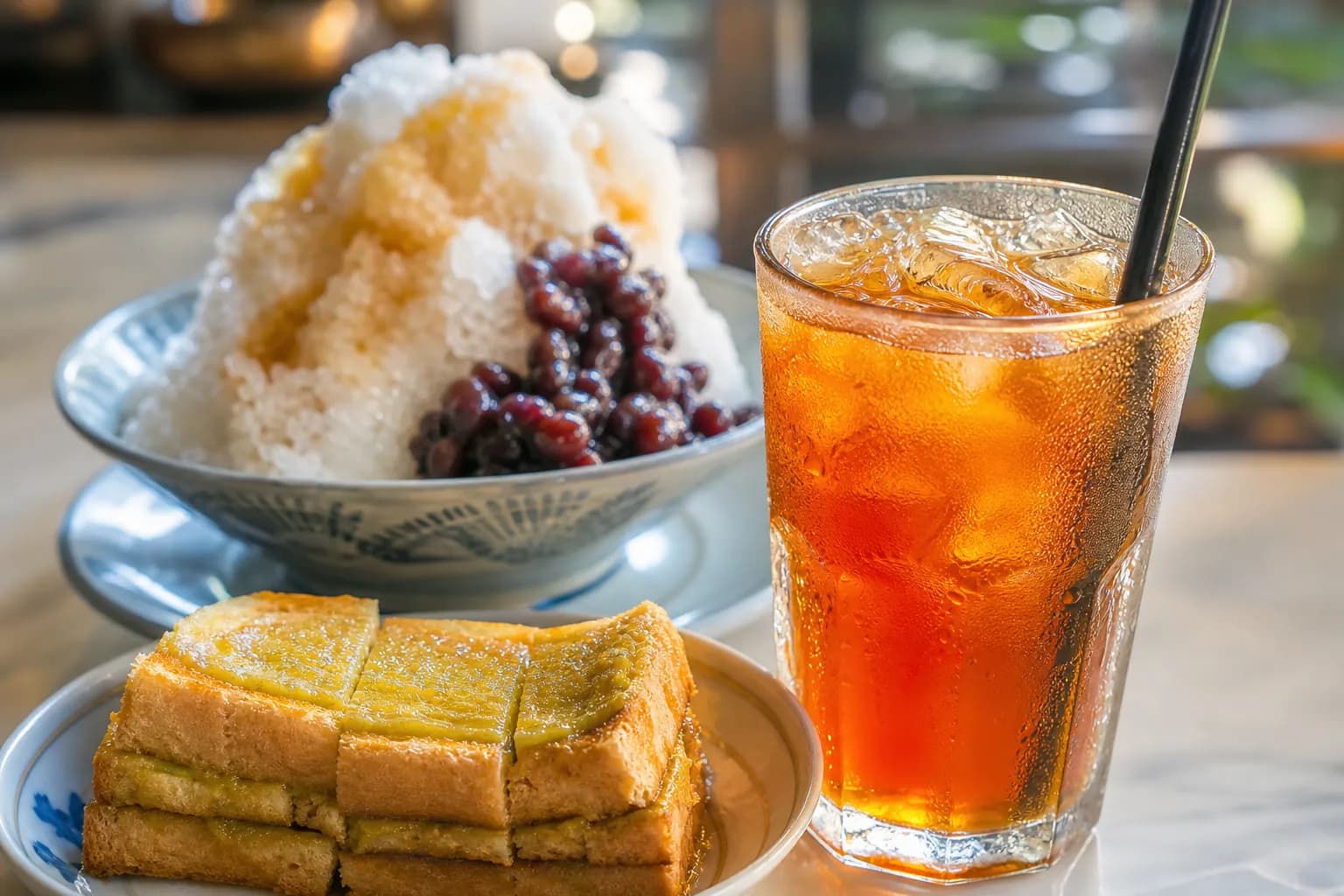 Iced tea and shaved ice dessert textures with condensation