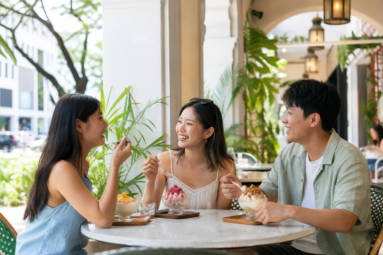 Friends sitting in a shaded Singapore cafe walkway with cold desserts