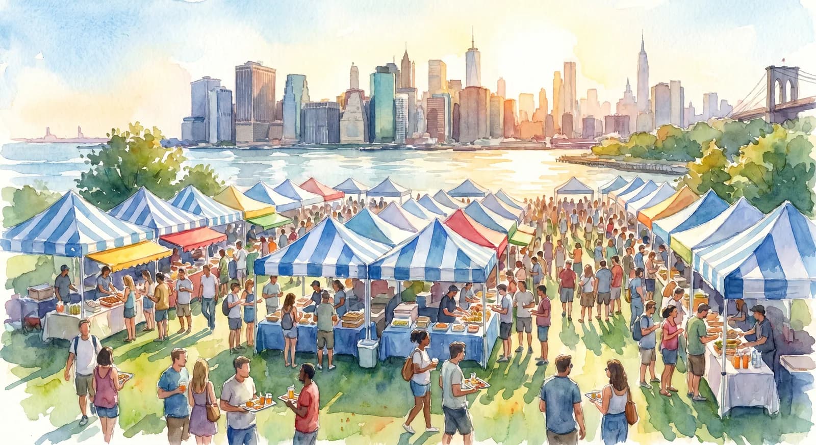 AI-generated watercolor: Smorgasburg outdoor food market on a Saturday at Marsha P. Johnson State Park in Williamsburg Brooklyn, dozens of striped vendor tents on the lawn, the Manhattan skyline across the East River