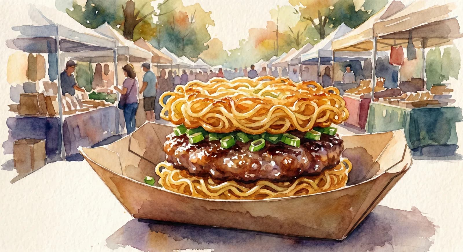 AI-generated watercolor: a close-up of a Smorgasburg ramen burger, golden crispy noodle bun, beef patty, sliced scallions, on a paper tray