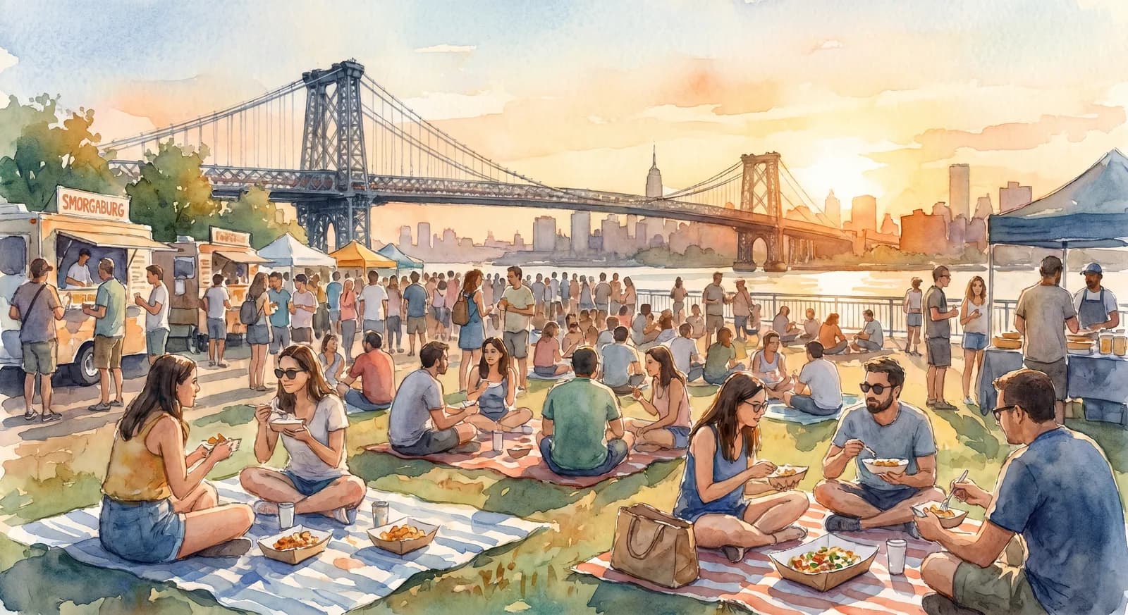 AI-generated watercolor: a Smorgasburg crowd on the East River waterfront at golden hour, people sitting on the grass eating from paper trays, the Williamsburg Bridge and Manhattan skyline in the background