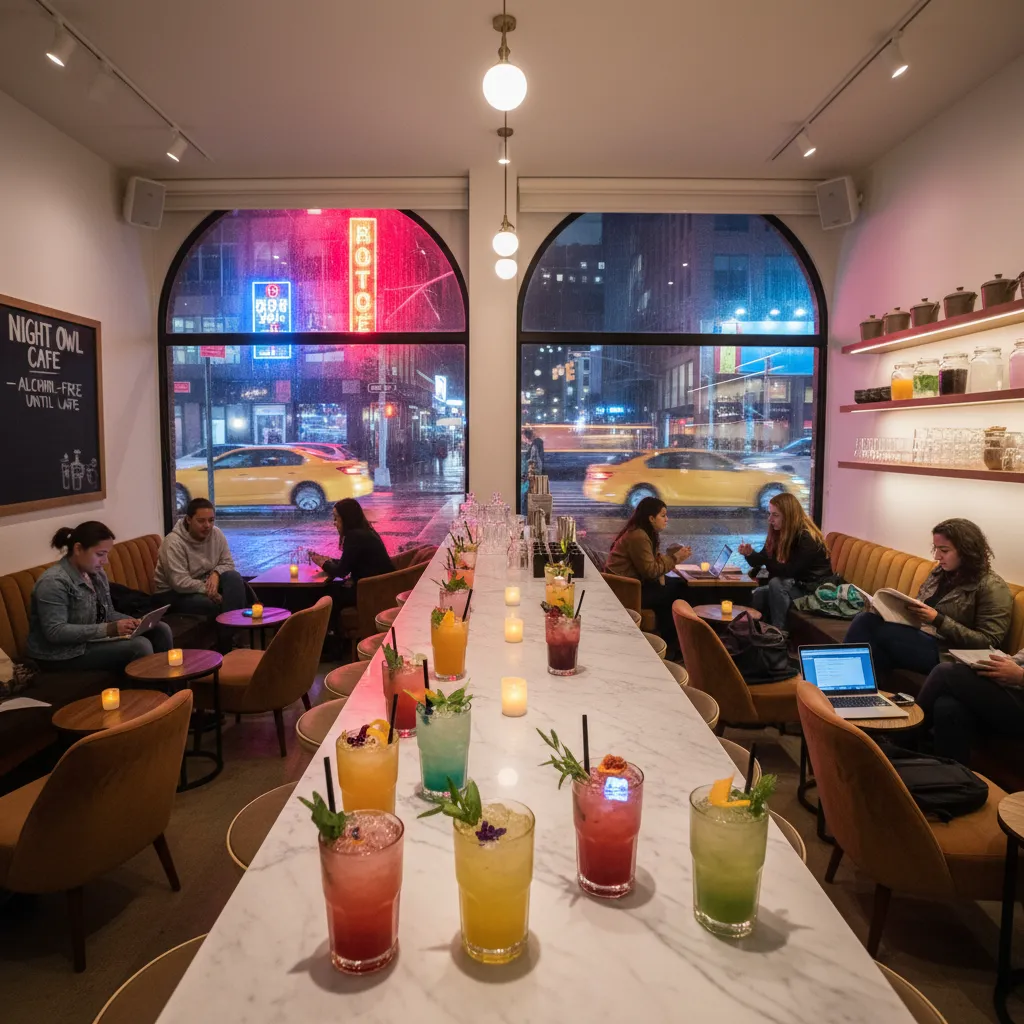 An alcohol-free late-night NYC lounge with colorful zero-proof drinks.