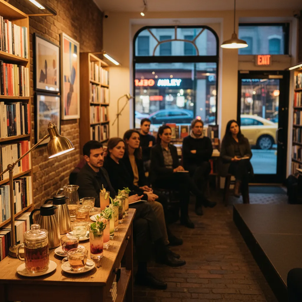 A cozy NYC bookstore event with tea and zero-proof drinks at night.