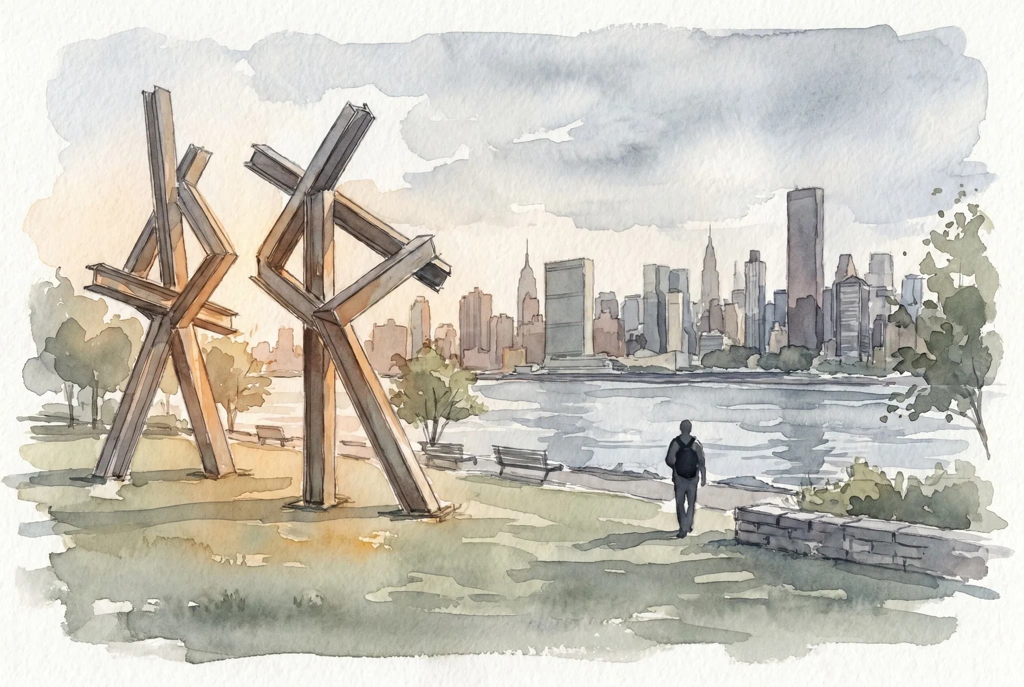 AI-generated watercolor: a waterfront sculpture park on the East River with the Manhattan skyline across the water; two large abstract steel sculptures sit on a grass lawn; a single silhouetted figure walks along the path