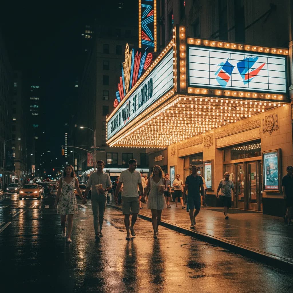 A glowing New York movie theater exterior at night with people arriving in the rain.