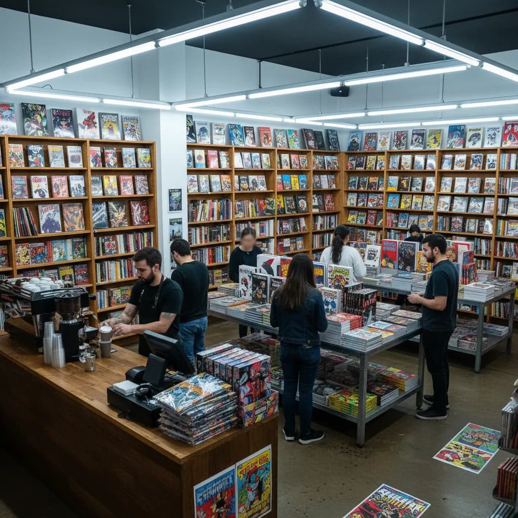 A bright independent New York comic book shop interior with colorful shelves and browsers.