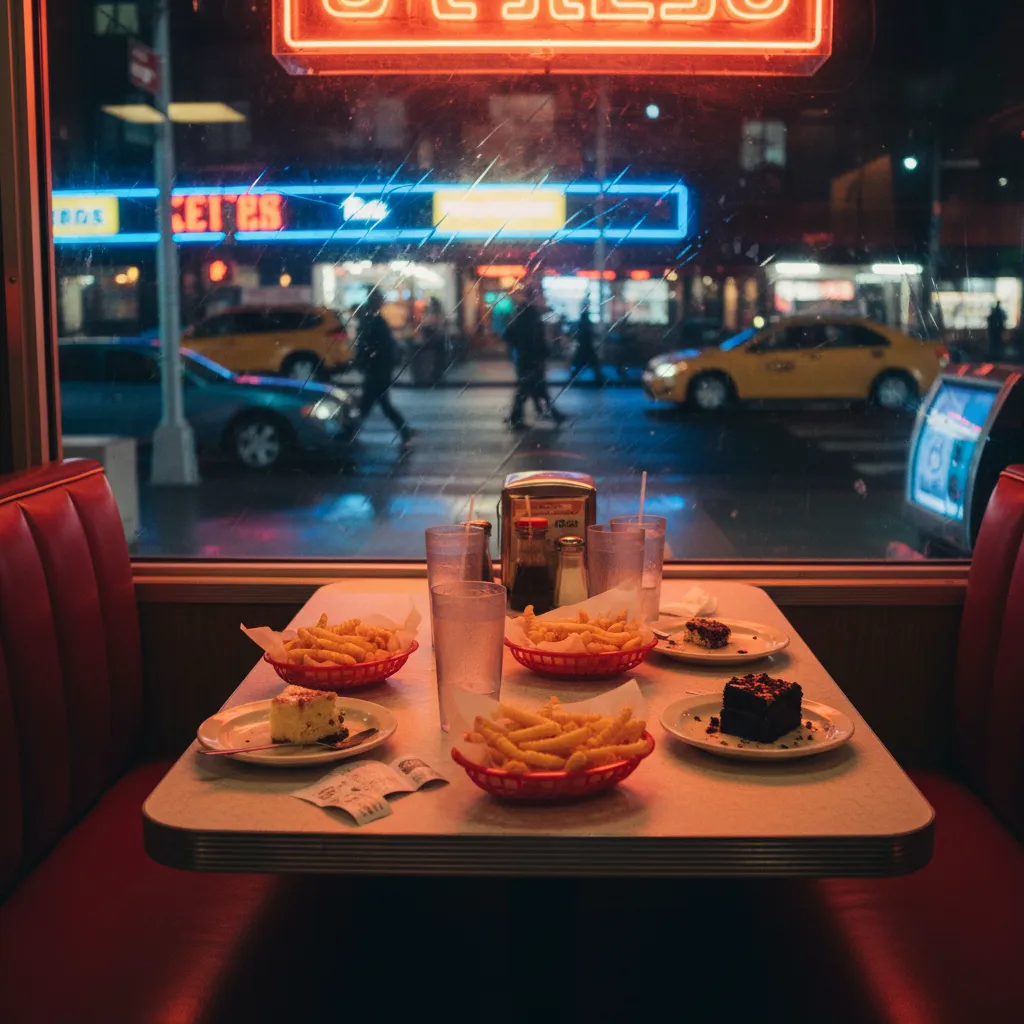 A late-night New York diner table with fries, dessert, soda glasses, and city neon through the window.