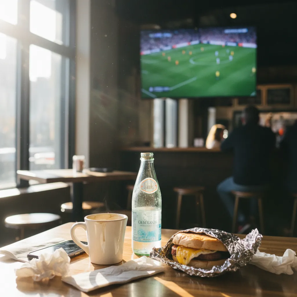 Coffee and breakfast on a table during an early Premier League broadcast in New York