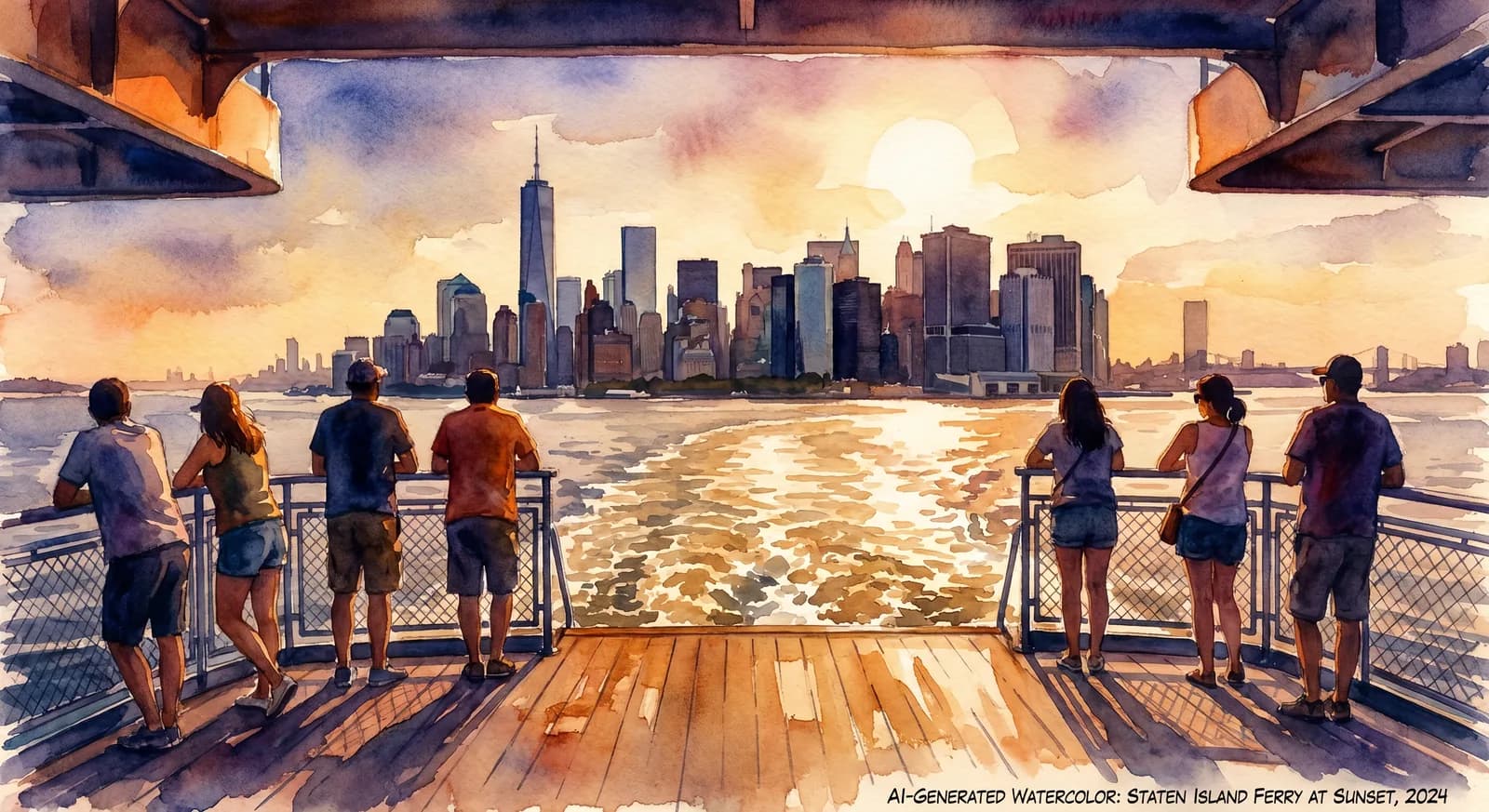 AI-generated watercolor: passengers on the open rear deck of the Staten Island Ferry at sunset, leaning on the railing watching the receding Lower Manhattan skyline backlit by the setting sun