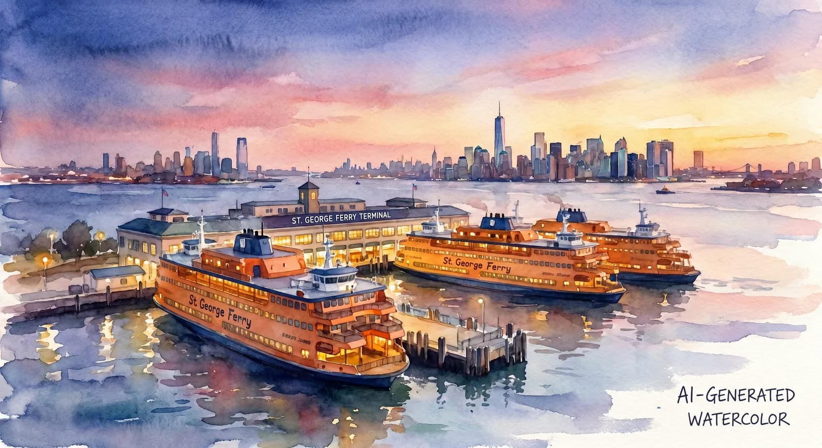 AI-generated watercolor: the St. George Ferry Terminal on Staten Island at dusk, the orange ferry boats docked, lights coming on
