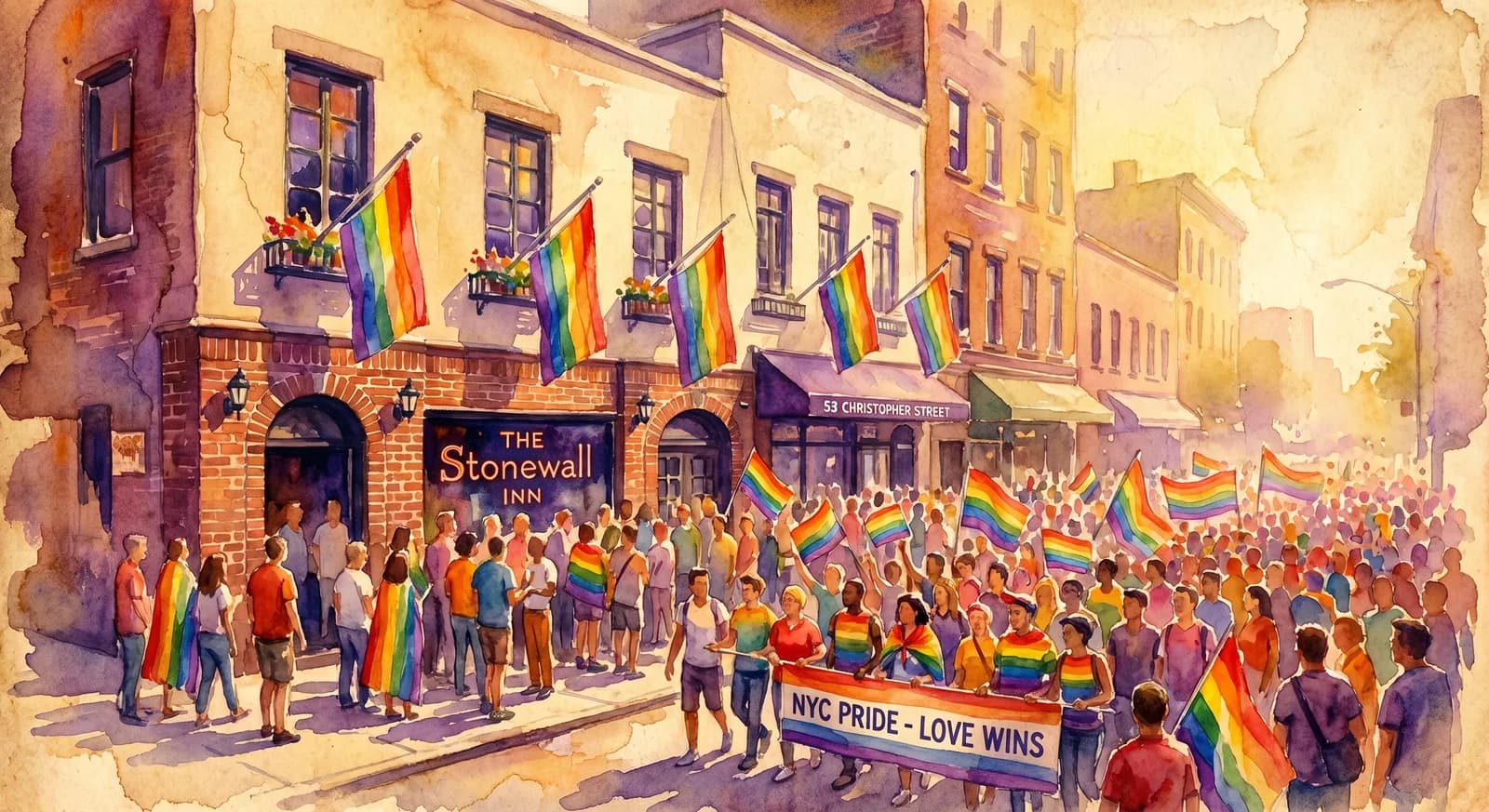 AI-generated watercolor: the Stonewall Inn at 53 Christopher Street, rainbow flags hanging from the brick facade, dense crowds of NYC Pride marchers filling the sidewalk on Sunday afternoon, golden hour light