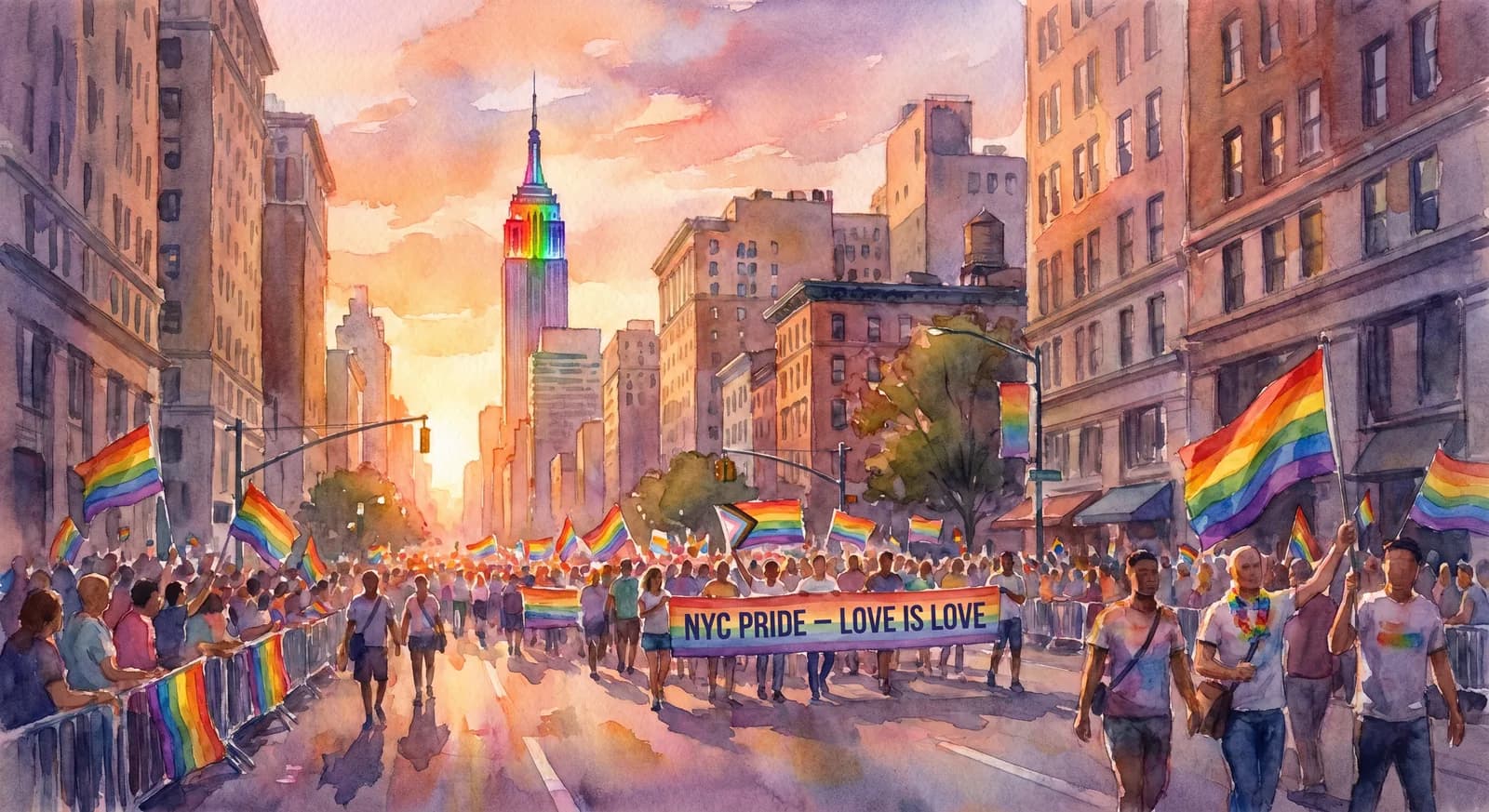 AI-generated watercolor: NYC Pride March on Fifth Avenue at golden hour, hundreds of marchers with rainbow flags and banners, Empire State Building lit in pride colors in the distance