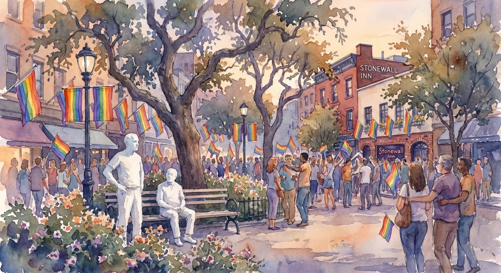 AI-generated watercolor: the small triangular Christopher Park across from Stonewall Inn with George Segal's Gay Liberation sculpture of white statues, rainbow flags, evening Pride crowd, leafy trees