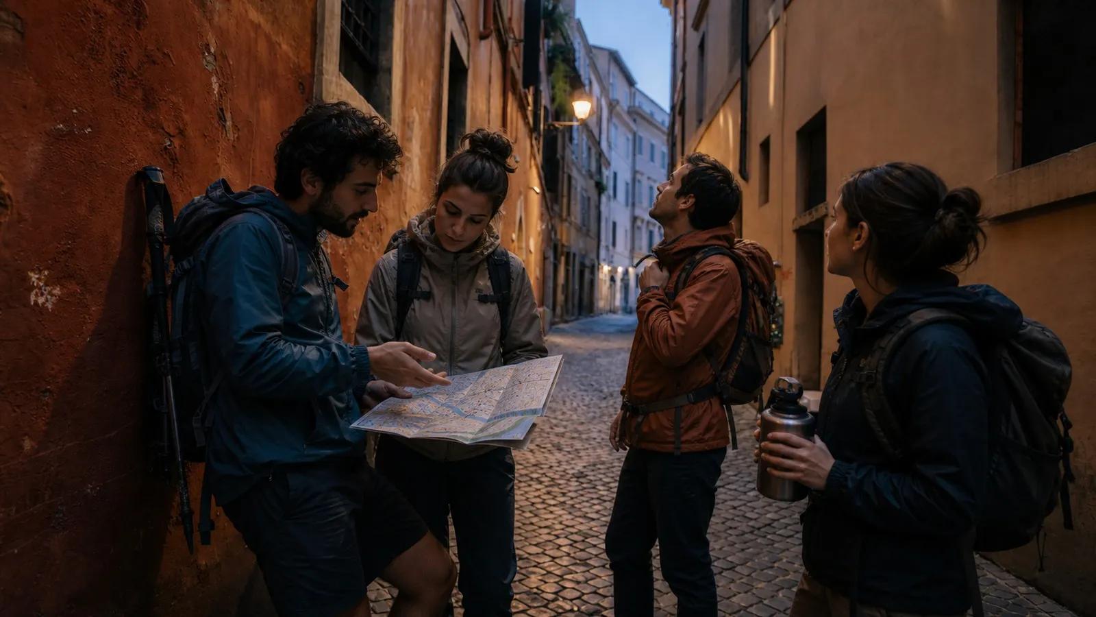Photorealistic group decision scene showing when to use Karpo and when to use Strava.