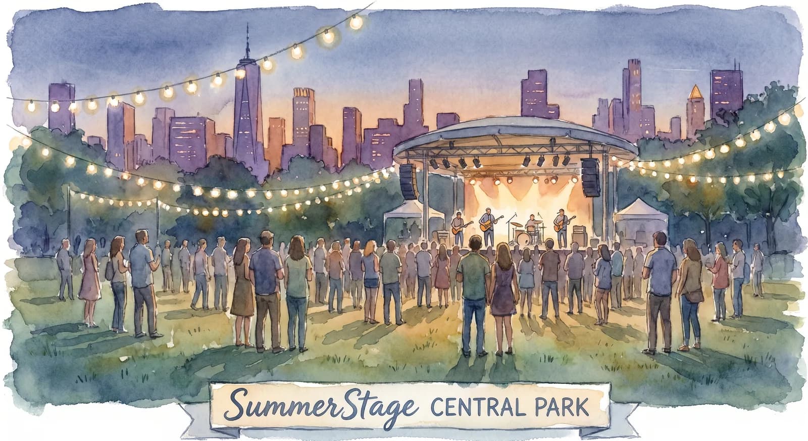 AI-generated watercolor: SummerStage outdoor concert at Rumsey Playfield in Central Park on a summer evening, audience standing on the grass watching a band on the open-air stage, Manhattan skyline silhouette in the background