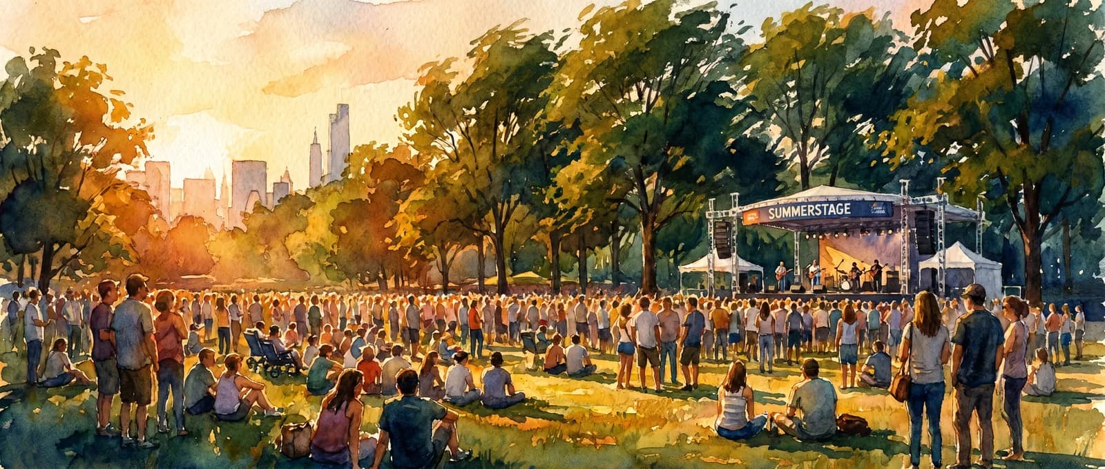 AI-generated watercolor: a wide view of Rumsey Playfield in Central Park at golden hour with a crowd gathering for a free concert, tall trees forming a leafy canopy around the venue