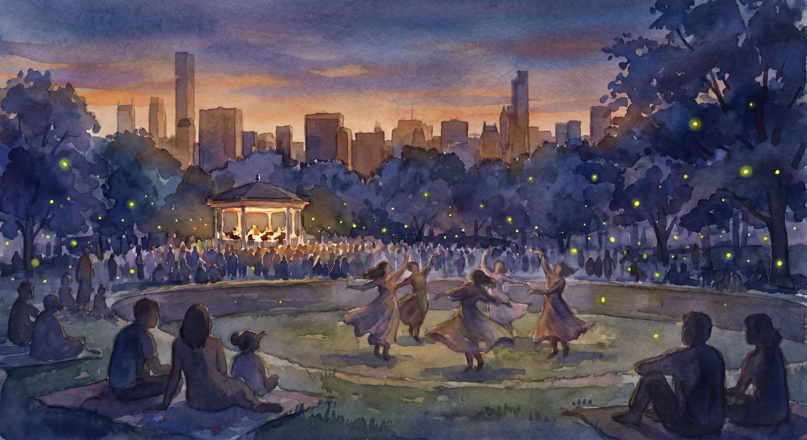 AI-generated watercolor: dusk falling over Central Park during a free concert, fireflies, audience silhouettes, dancers in the front pit