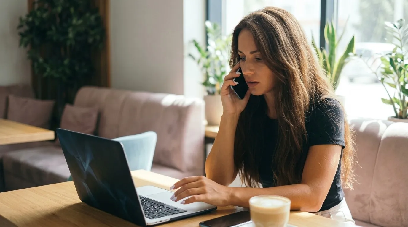 A mobile professional dictating a private work note at a calm café in realistic natural light