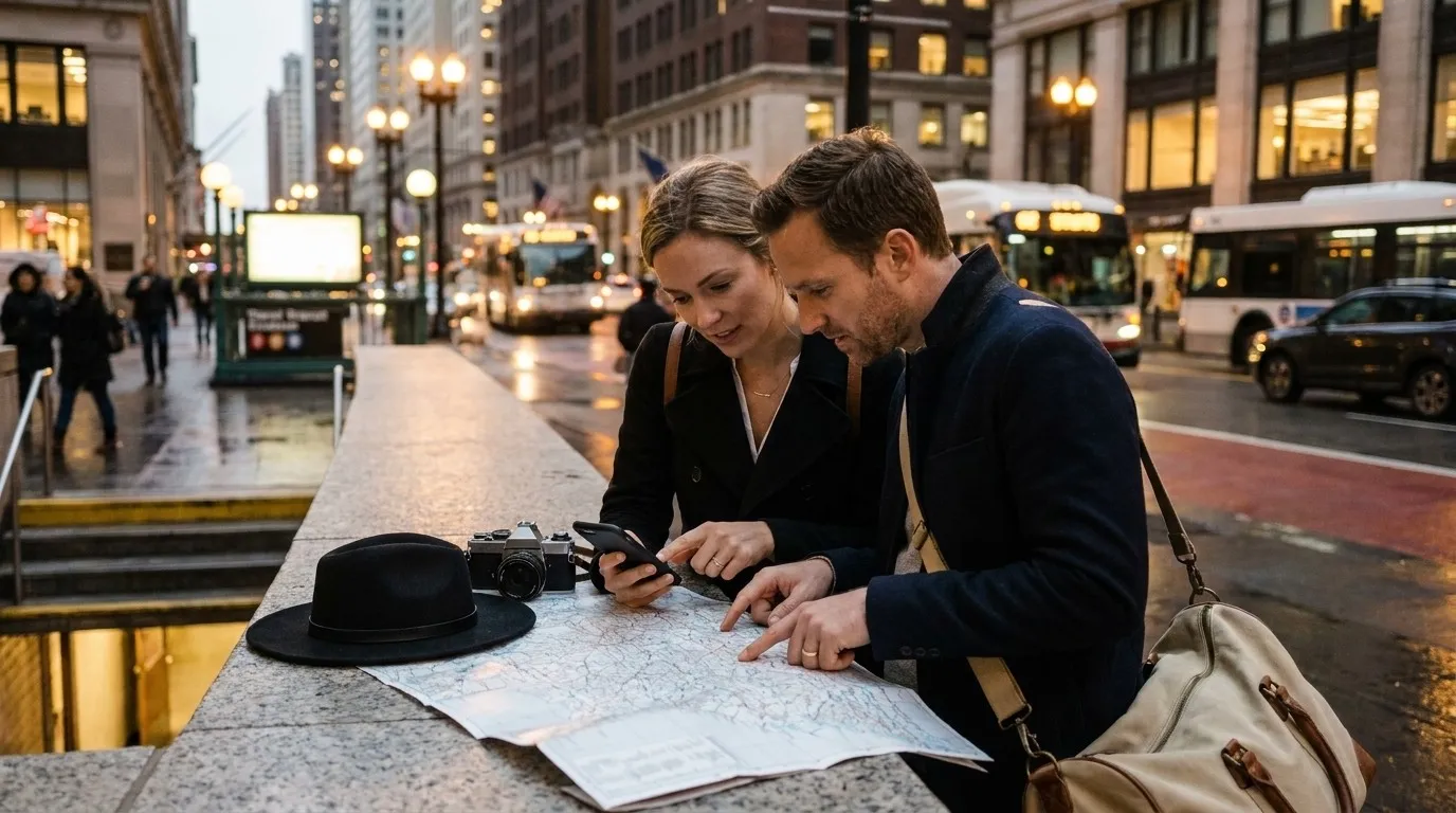 A traveler and colleague checking one phone and a paper map before an evening city plan