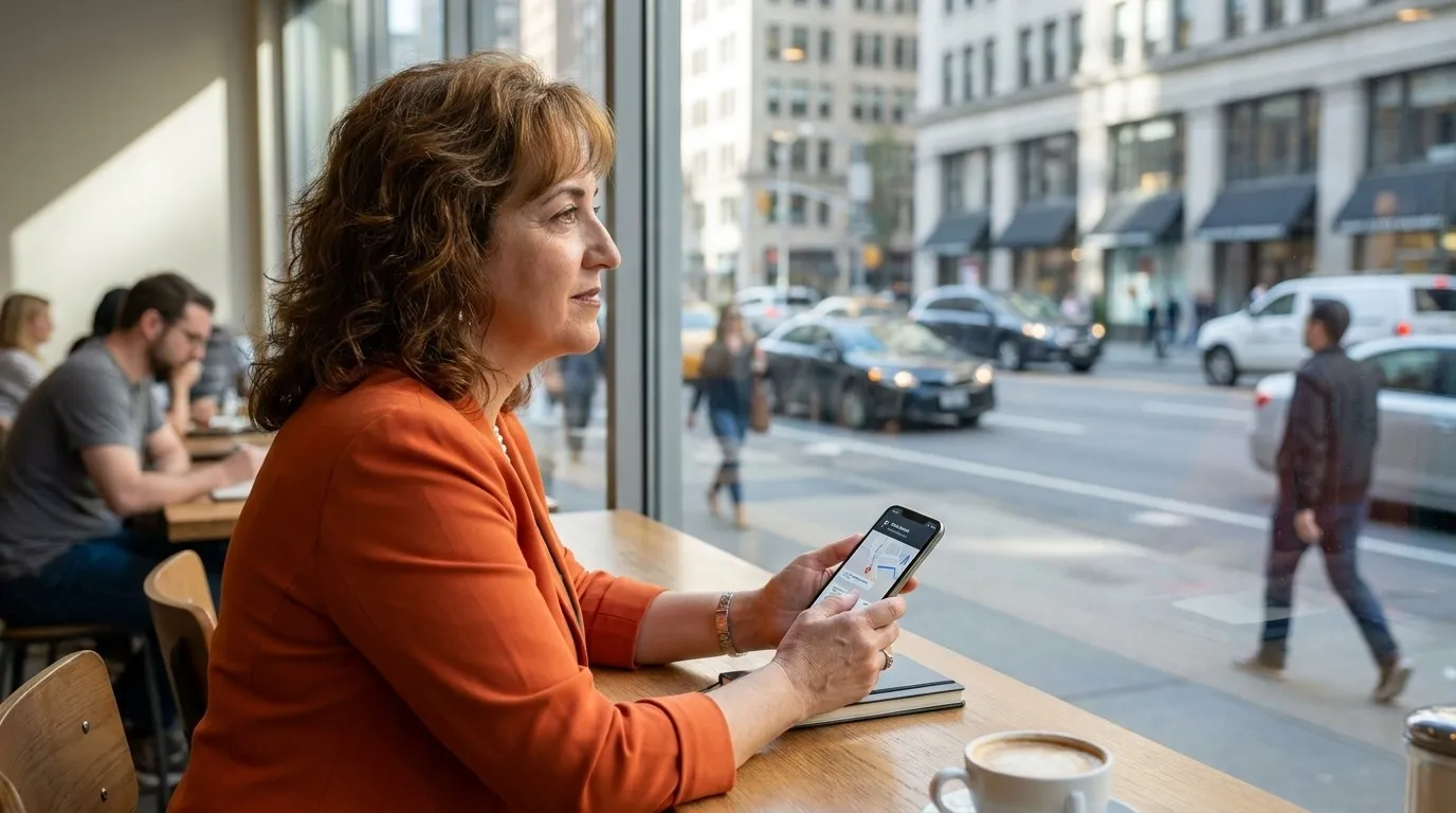 A professional voice-dictation workspace flowing into a realistic city-planning scene with one Karpo phone and no text overlay