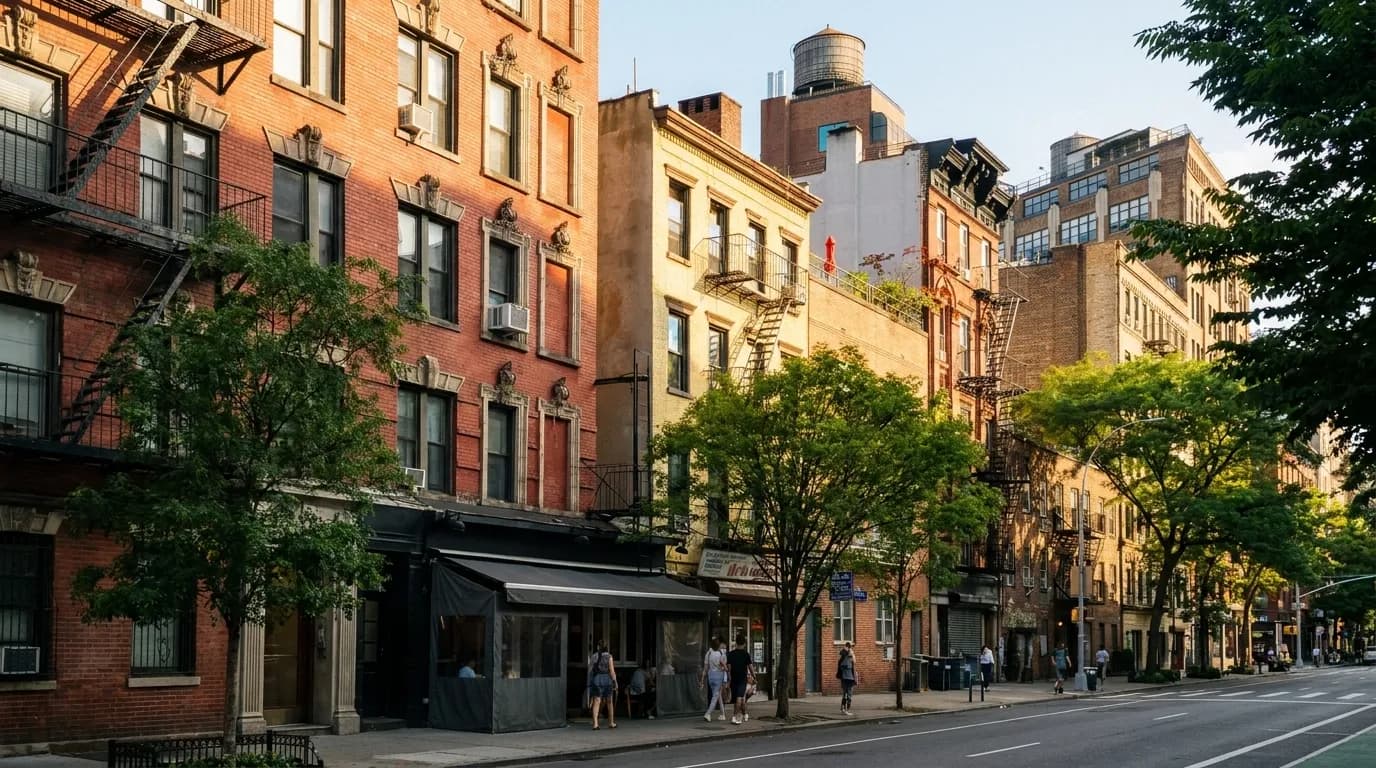 Late-afternoon view down a leafy West Village block leading toward a small hand roll bar with a dark awning