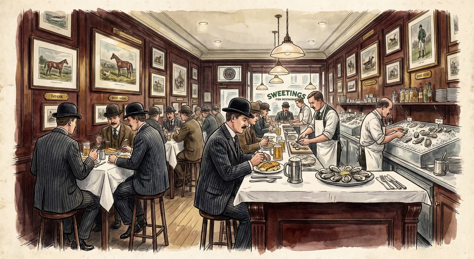 Mahogany counter and tall stools inside Sweetings on Queen Victoria Street, City of London, men in suits eating fish at the bar at lunchtime