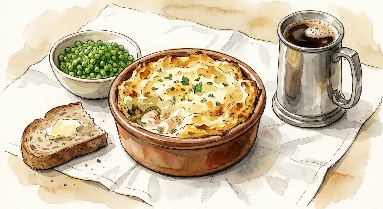 Overhead view of the Sweetings fish pie, golden browned mashed potato over creamy salmon and haddock, with a side of buttered peas