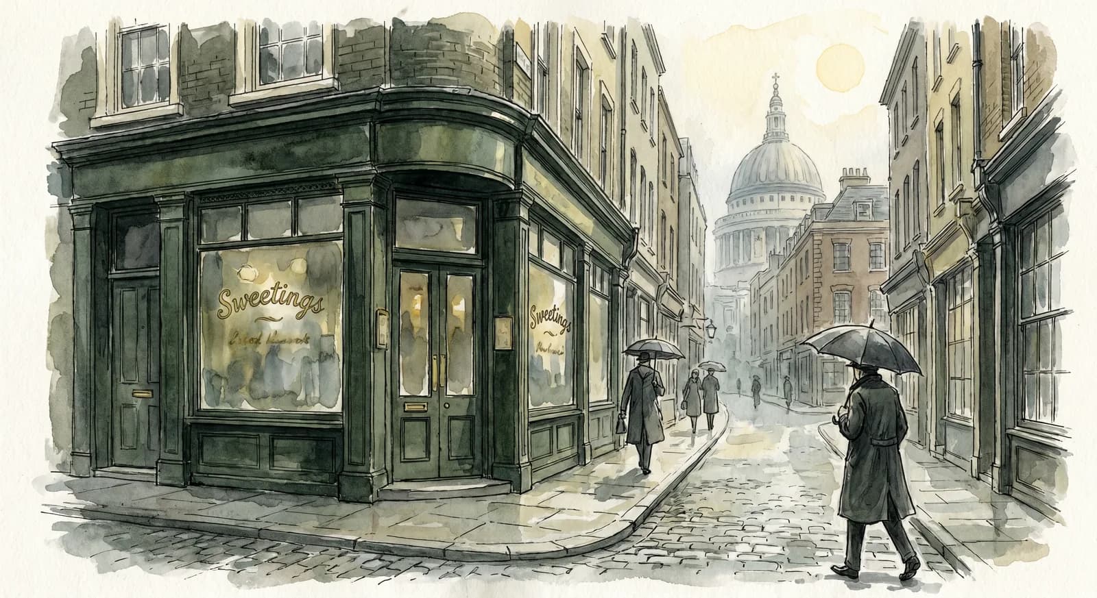 Exterior of Sweetings at 39 Queen Victoria Street, dark green Victorian shopfront with gold lettering, the dome of St Paul's in the background