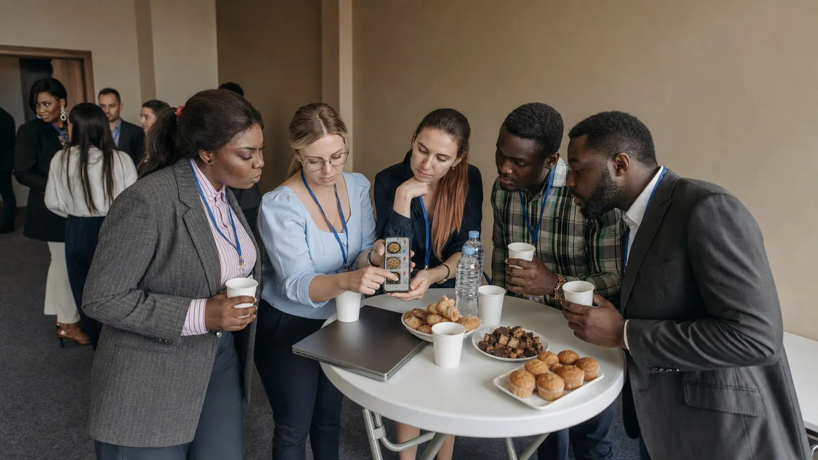 Business travelers comparing nearby dinner options after a conference session