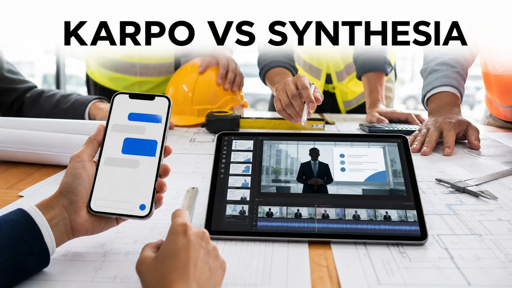A business team using Karpo in iMessage beside an AI avatar video editor in a photorealistic comparison