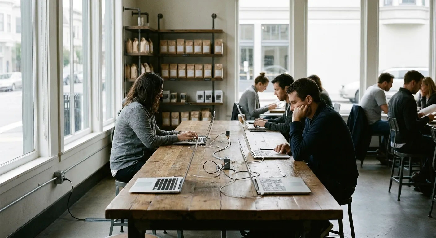 A bright cafe interior in the afternoon with a long shared table, a few laptops open and cables running to a floor outlet, tall windows behind