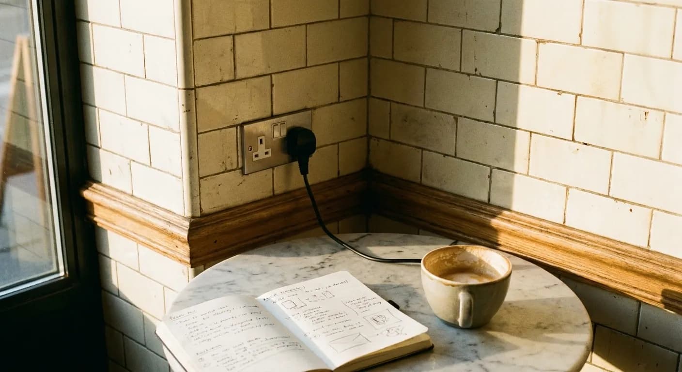 A small marble cafe table against a tiled wall with a single power socket near the floor, one plug in use, a notebook and a half-finished flat white on the table