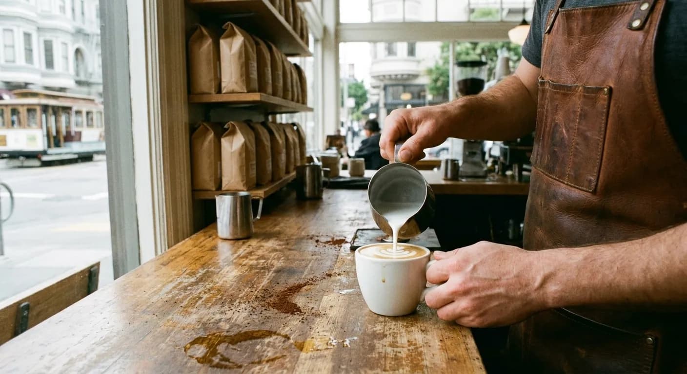 A barista pouring milk into a flat white on a wooden counter, bags of whole bean coffee stacked behind