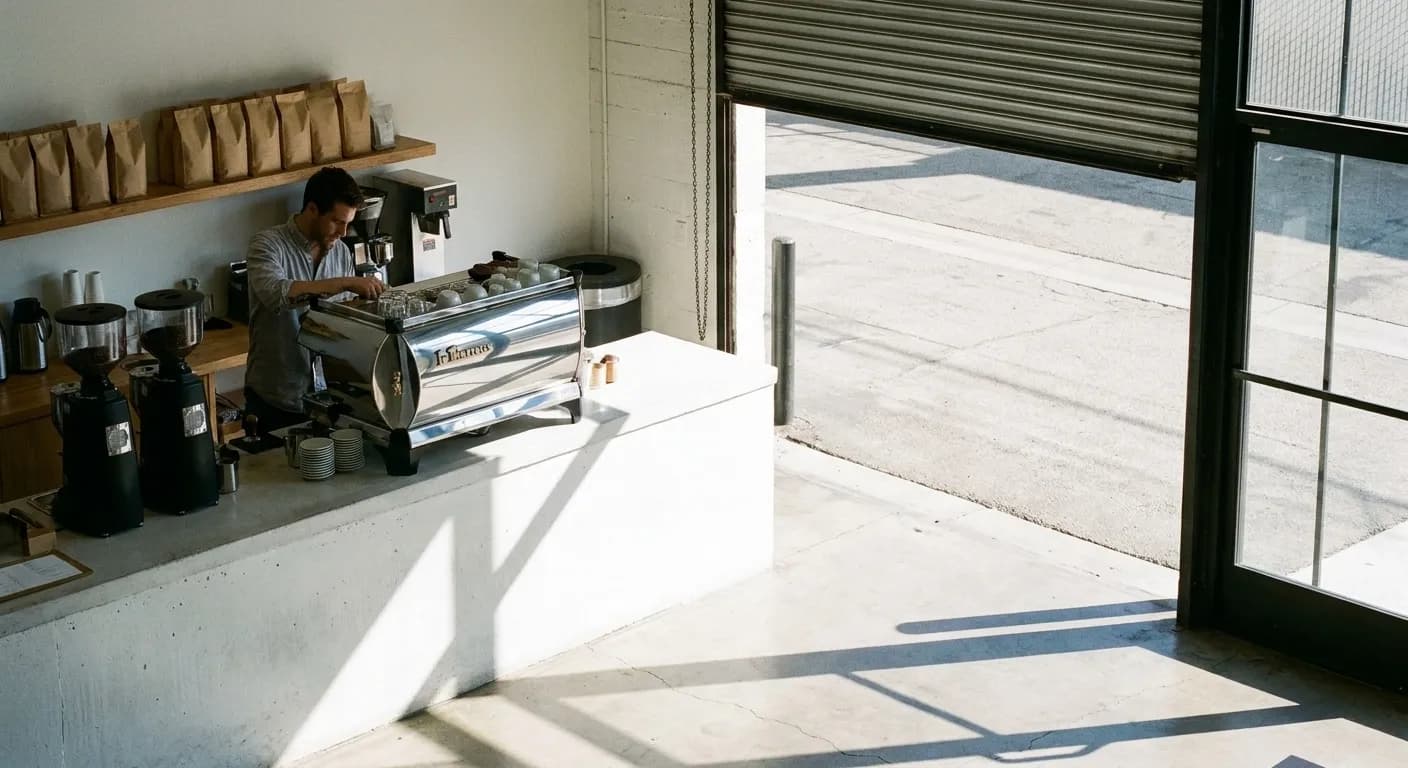 An LA coffee bar in bright hard sunlight, a low white counter with a chrome espresso machine and a row of retail bean bags, roll-up door open to the street