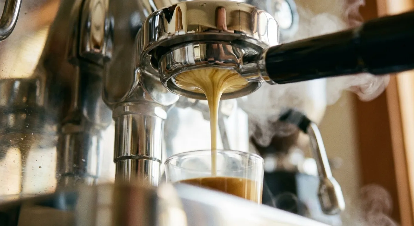 A close detail of espresso extracting from a bottomless portafilter into a small glass, the stream still pale gold and striped, chrome and steam at the edges of frame